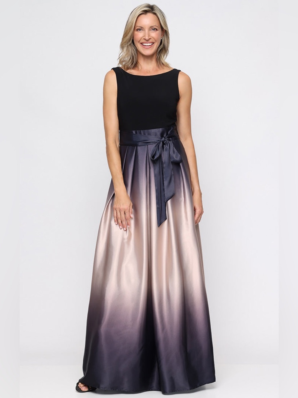 SLNY Ombré Satin Bow Sash Gown Dress